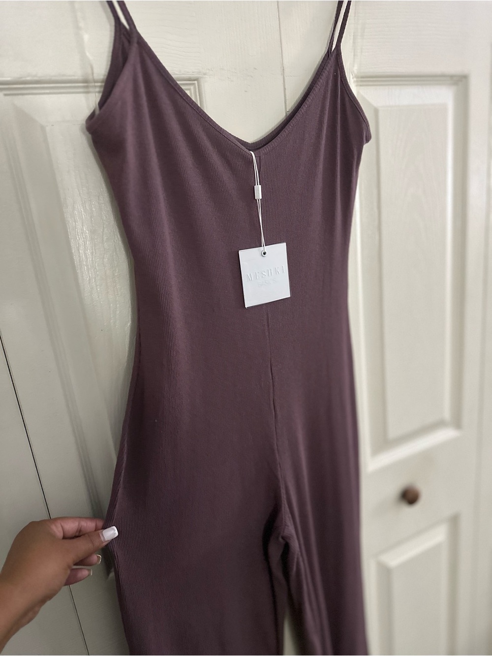 Meshki Basics Plum Wide-Leg Spaghetti Strap Ribbed Jumpsuit Sz Med - Picture 10 of 10